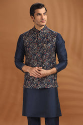 Navy Blue Silk Kurta Pajama with Embroidered Jacket